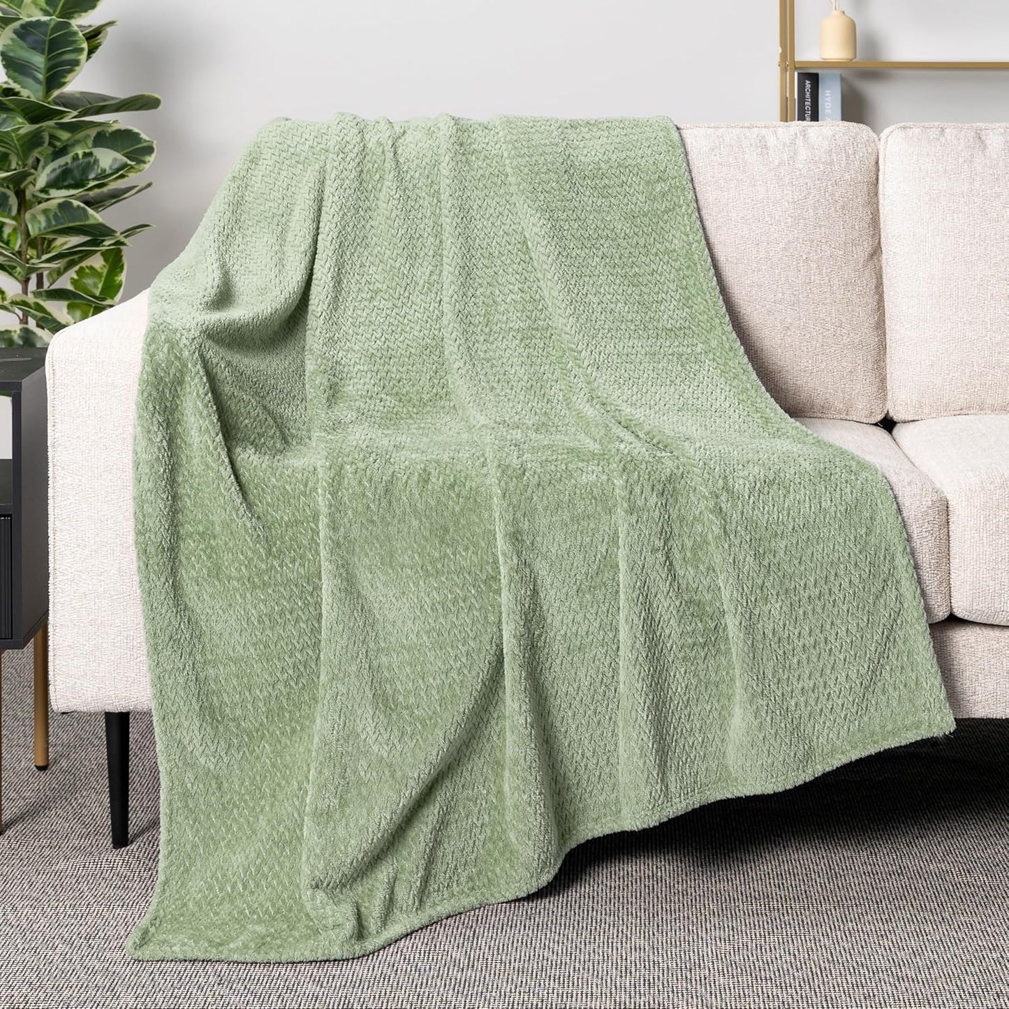 Soft Fleece Light Green Throw Blanket for Couch, Lightweight Plush Warm Blankets for Bed, Fuzzy Cozy Flannel Blanket Throw for Sofa, Travel, Jacquard Pattern, Sage Green, 50X60 Inch