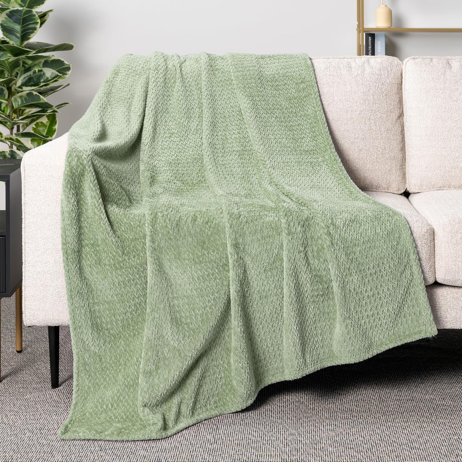 Soft Fleece Light Green Throw Blanket for Couch, Lightweight Plush Warm Blankets for Bed, Fuzzy Cozy Flannel Blanket Throw for Sofa, Travel, Jacquard Pattern, Sage Green, 50X60 Inch