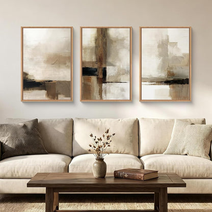 Abstract Neutral Vintage Earth Tone Framed Canvas Wall Art Set-24"X36"X3 |  Modern Minimalist Rustic Brown Beige Decor,Wabi Sabi Textured Brushstroke Artwork for Living Room,Bedroom,Farmhouse