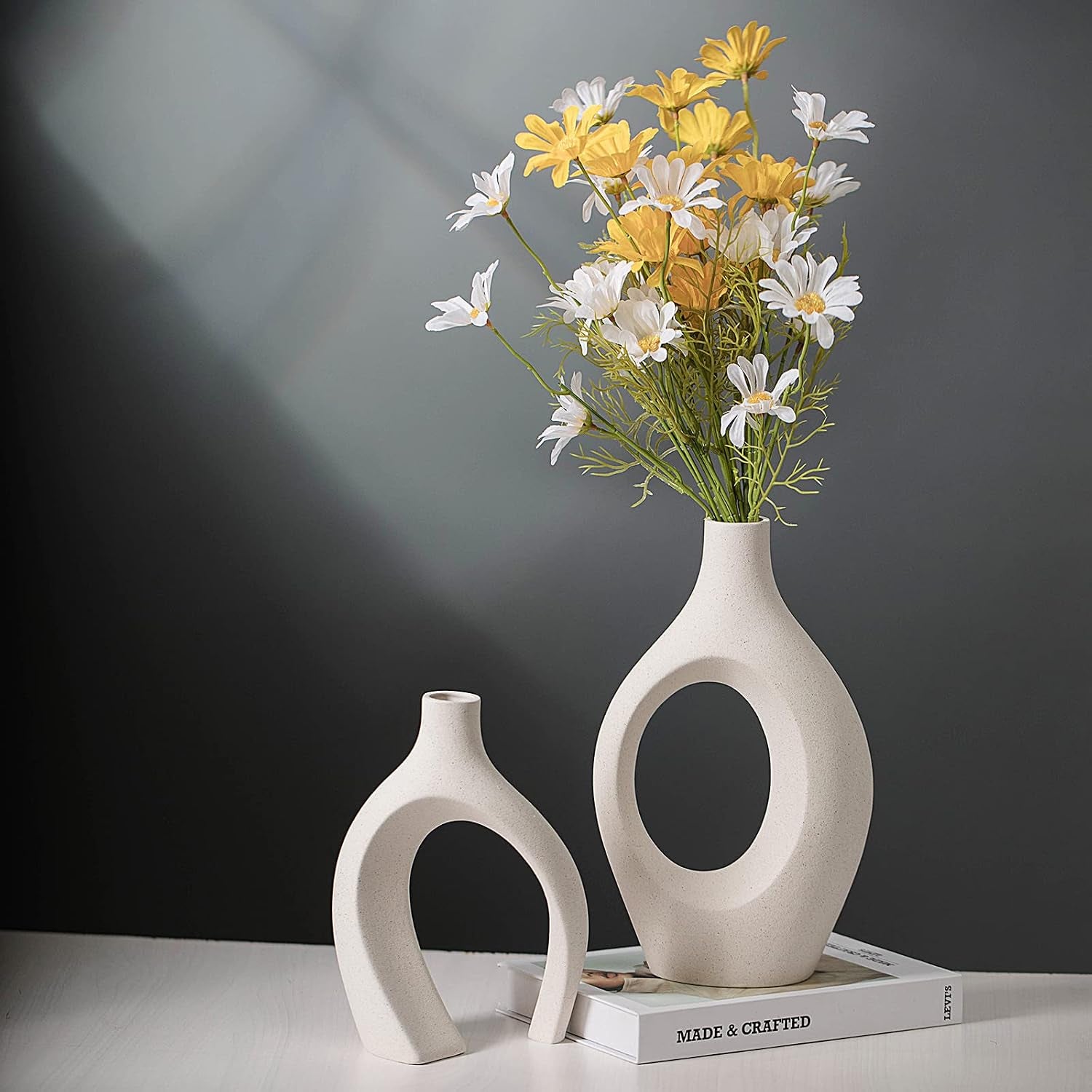 Extra Large Hollow Nordic Modern Ceramic Vases Set of 2 | Aesthetic round Donut Boho Ins Style Flower Decorative Vase for Room Home Book Shelf Table Decor (Milky White W 8" X H 11")