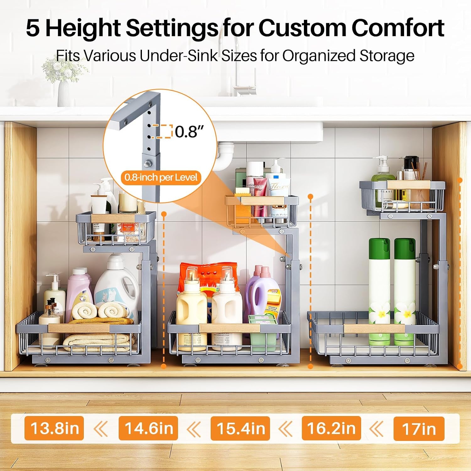 under Sink Organizer, Adjustable Height, 2 Tier Pull Out under Cabinet Organizer, Slide Out Thickened Metal under Sink Storage for Kitchen Bathroom Laundry Pantry Cabinet, Grey, Large-2-Pack