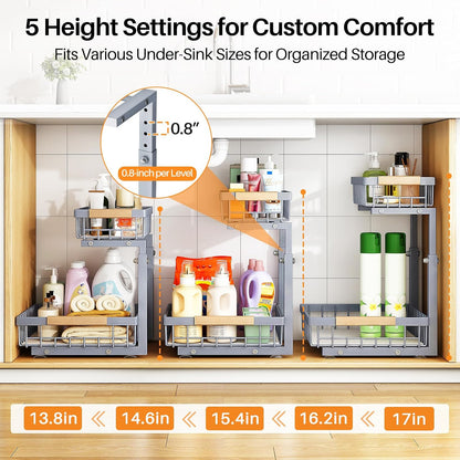under Sink Organizer, Adjustable Height, 2 Tier Pull Out under Cabinet Organizer, Slide Out Thickened Metal under Sink Storage for Kitchen Bathroom Laundry Pantry Cabinet, Grey, Large-2-Pack