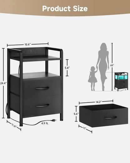 Nightstand with Rear Charging Station, LED Light, 2 Drawers, Black | Industrial Nightstand, 2 USB-A Ports & AC Outlets, Raised Back Guard, Fabric Storage Drawers, Bedside Table for Bedroom, Dorm