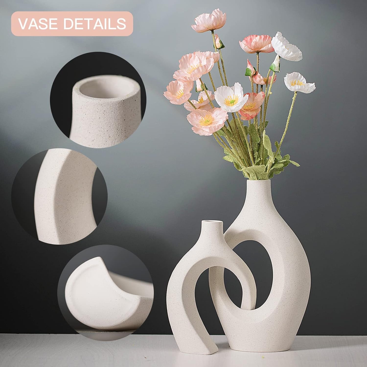 Extra Large Hollow Nordic Modern Ceramic Vases Set of 2 | Aesthetic round Donut Boho Ins Style Flower Decorative Vase for Room Home Book Shelf Table Decor (Milky White W 8" X H 11")