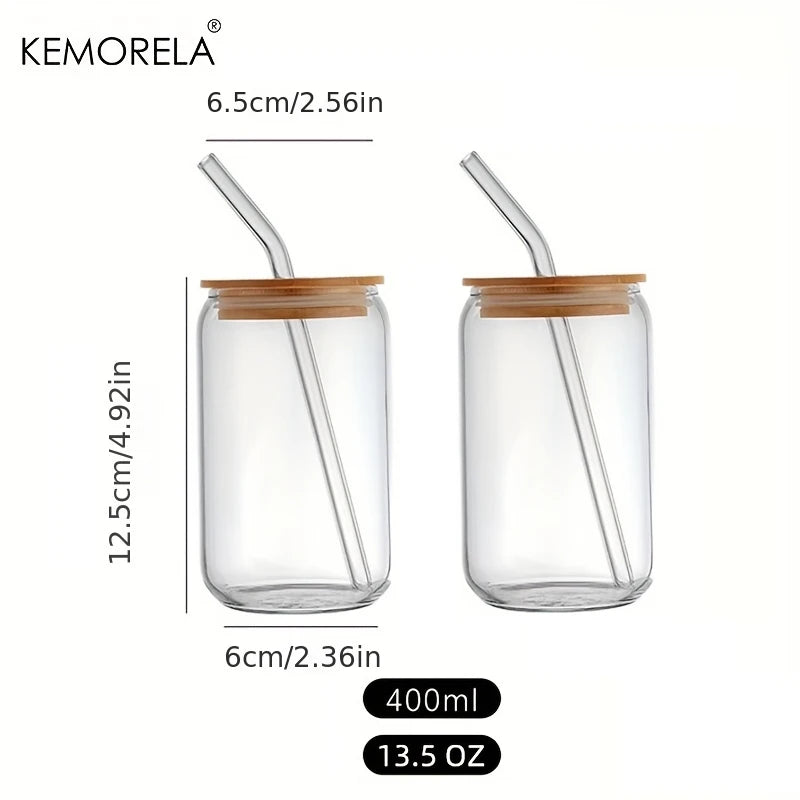 18.6Oz 540ML Drinking Glasses Can Shaped Glass Cups with Bamboo Lids and Glass Straws for Beer Iced Coffee Wine Cocktail