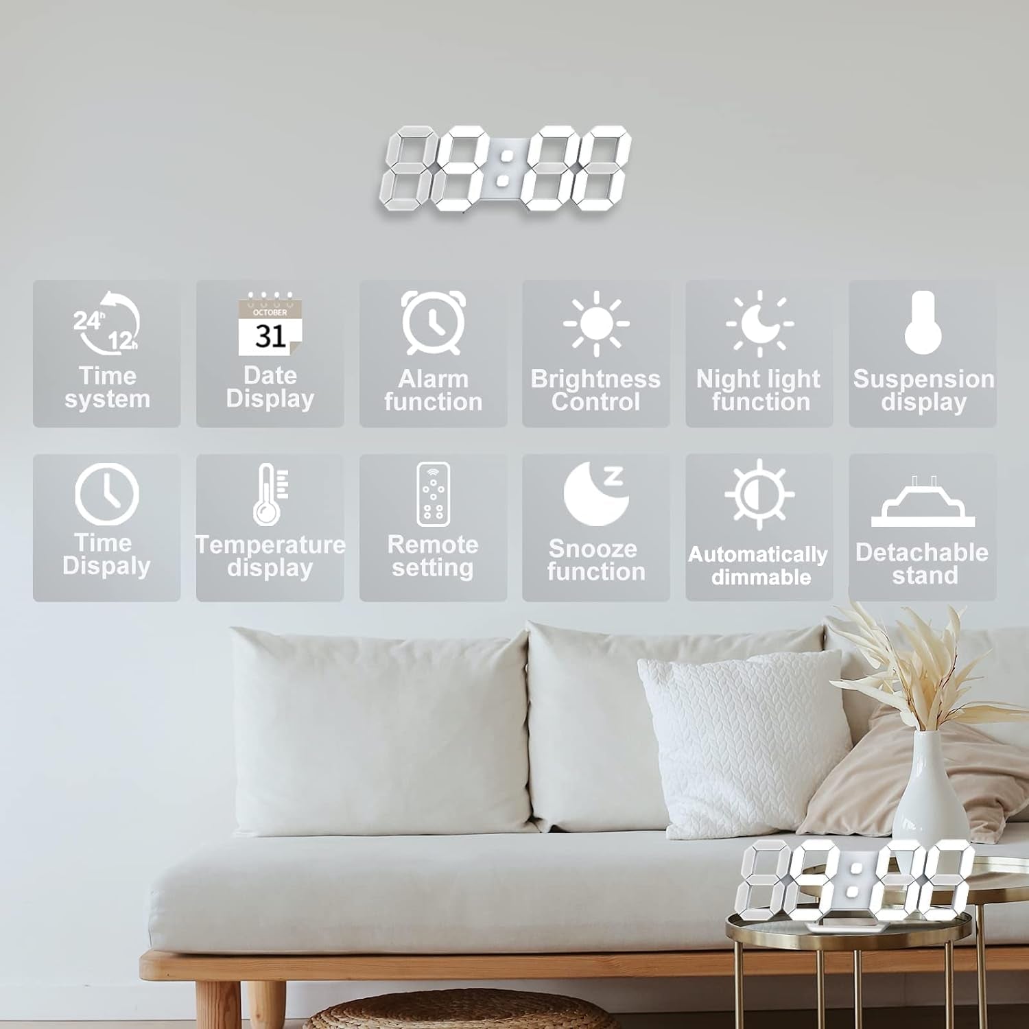 LED Clock, 3D Digital Wall & Desk Alarm Clock with Snooze, Dimmable Display, Time Memory, 12/24H Date & Temperature, Remote Control Night Light for Bedroom, Office, Kitchen, Home (White)