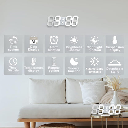 LED Clock, 3D Digital Wall & Desk Alarm Clock with Snooze, Dimmable Display, Time Memory, 12/24H Date & Temperature, Remote Control Night Light for Bedroom, Office, Kitchen, Home (White)