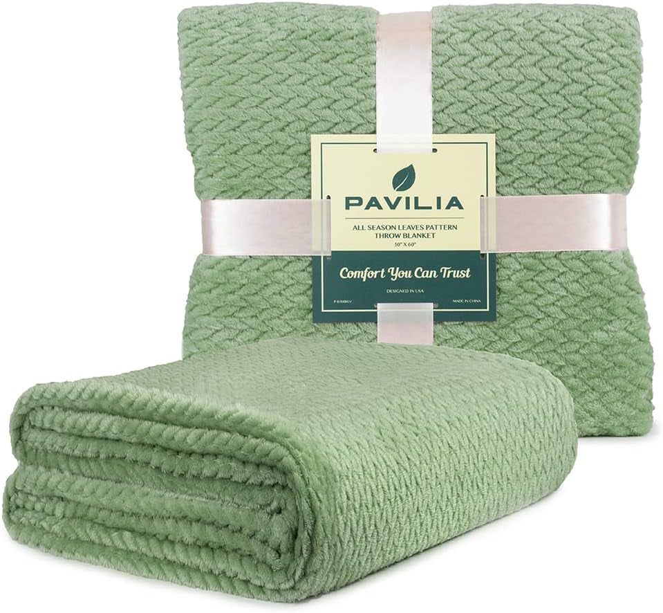 Soft Fleece Light Green Throw Blanket for Couch, Lightweight Plush Warm Blankets for Bed, Fuzzy Cozy Flannel Blanket Throw for Sofa, Travel, Jacquard Pattern, Sage Green, 50X60 Inch
