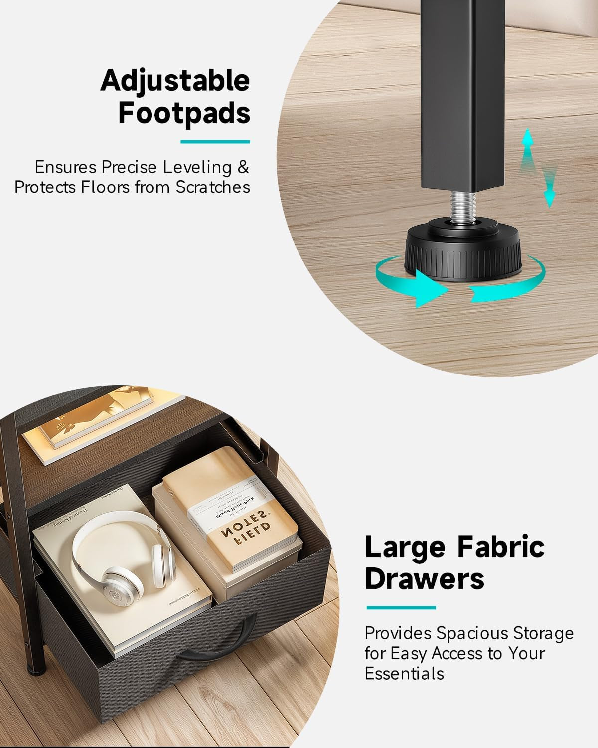 Nightstand with Rear Charging Station, LED Light, 2 Drawers, Black | Industrial Nightstand, 2 USB-A Ports & AC Outlets, Raised Back Guard, Fabric Storage Drawers, Bedside Table for Bedroom, Dorm