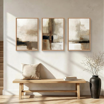 Abstract Neutral Vintage Earth Tone Framed Canvas Wall Art Set-24"X36"X3 |  Modern Minimalist Rustic Brown Beige Decor,Wabi Sabi Textured Brushstroke Artwork for Living Room,Bedroom,Farmhouse