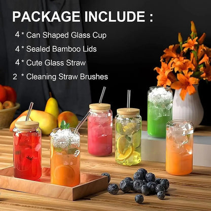 18.6Oz 540ML Drinking Glasses Can Shaped Glass Cups with Bamboo Lids and Glass Straws for Beer Iced Coffee Wine Cocktail