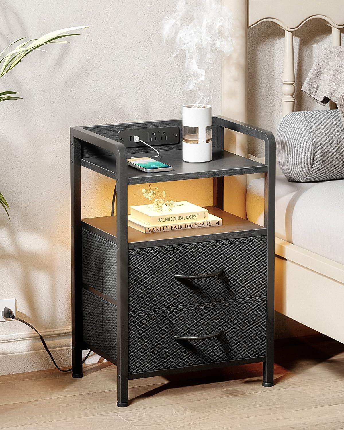 Nightstand with Rear Charging Station, LED Light, 2 Drawers, Black | Industrial Nightstand, 2 USB-A Ports & AC Outlets, Raised Back Guard, Fabric Storage Drawers, Bedside Table for Bedroom, Dorm