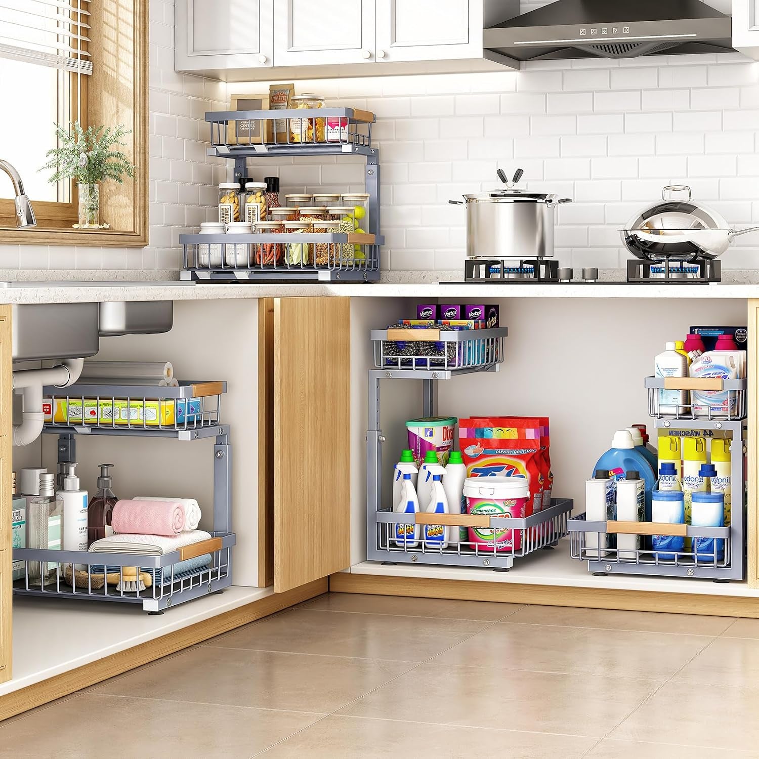under Sink Organizer, Adjustable Height, 2 Tier Pull Out under Cabinet Organizer, Slide Out Thickened Metal under Sink Storage for Kitchen Bathroom Laundry Pantry Cabinet, Grey, Large-2-Pack