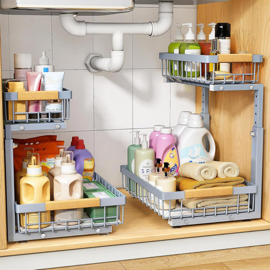 under Sink Organizer, Adjustable Height, 2 Tier Pull Out under Cabinet Organizer, Slide Out Thickened Metal under Sink Storage for Kitchen Bathroom Laundry Pantry Cabinet, Grey, Large-2-Pack