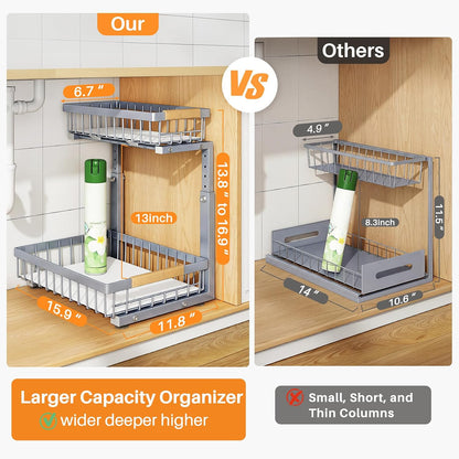 under Sink Organizer, Adjustable Height, 2 Tier Pull Out under Cabinet Organizer, Slide Out Thickened Metal under Sink Storage for Kitchen Bathroom Laundry Pantry Cabinet, Grey, Large-2-Pack