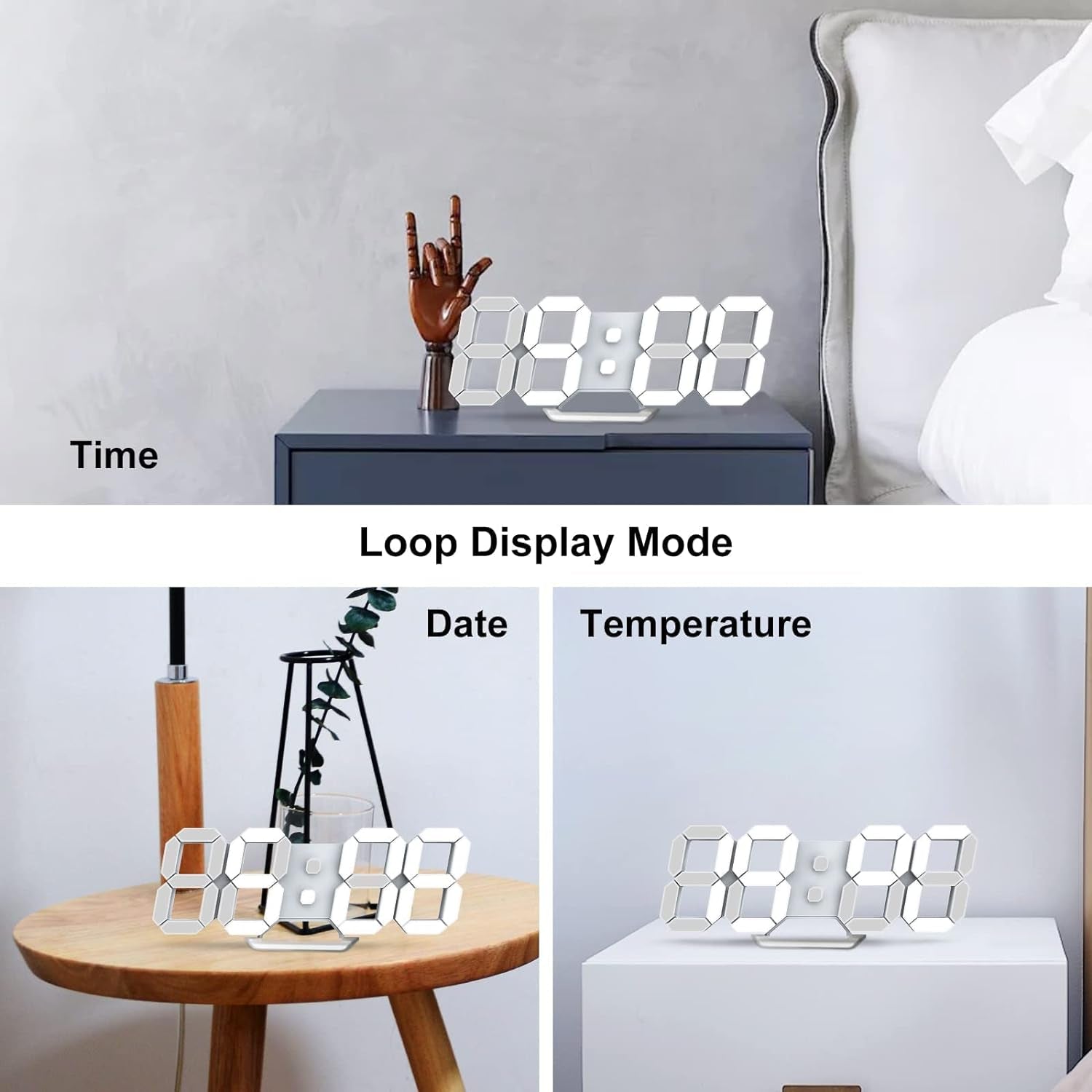 LED Clock, 3D Digital Wall & Desk Alarm Clock with Snooze, Dimmable Display, Time Memory, 12/24H Date & Temperature, Remote Control Night Light for Bedroom, Office, Kitchen, Home (White)