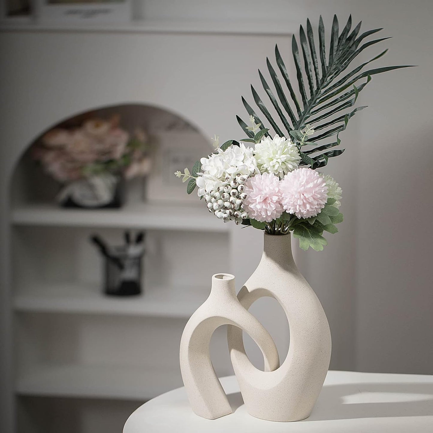 Extra Large Hollow Nordic Modern Ceramic Vases Set of 2 | Aesthetic round Donut Boho Ins Style Flower Decorative Vase for Room Home Book Shelf Table Decor (Milky White W 8" X H 11")