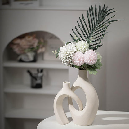 Extra Large Hollow Nordic Modern Ceramic Vases Set of 2 | Aesthetic round Donut Boho Ins Style Flower Decorative Vase for Room Home Book Shelf Table Decor (Milky White W 8" X H 11")