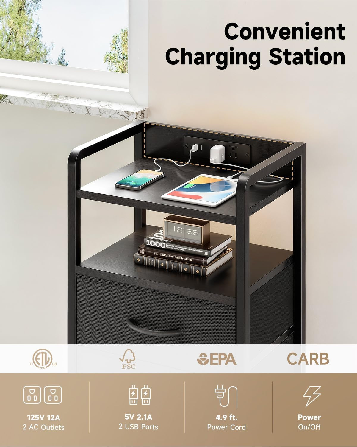 Nightstand with Rear Charging Station, LED Light, 2 Drawers, Black | Industrial Nightstand, 2 USB-A Ports & AC Outlets, Raised Back Guard, Fabric Storage Drawers, Bedside Table for Bedroom, Dorm
