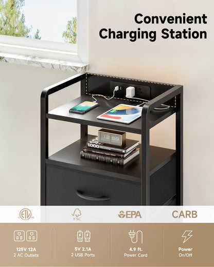 Nightstand with Rear Charging Station, LED Light, 2 Drawers, Black | Industrial Nightstand, 2 USB-A Ports & AC Outlets, Raised Back Guard, Fabric Storage Drawers, Bedside Table for Bedroom, Dorm