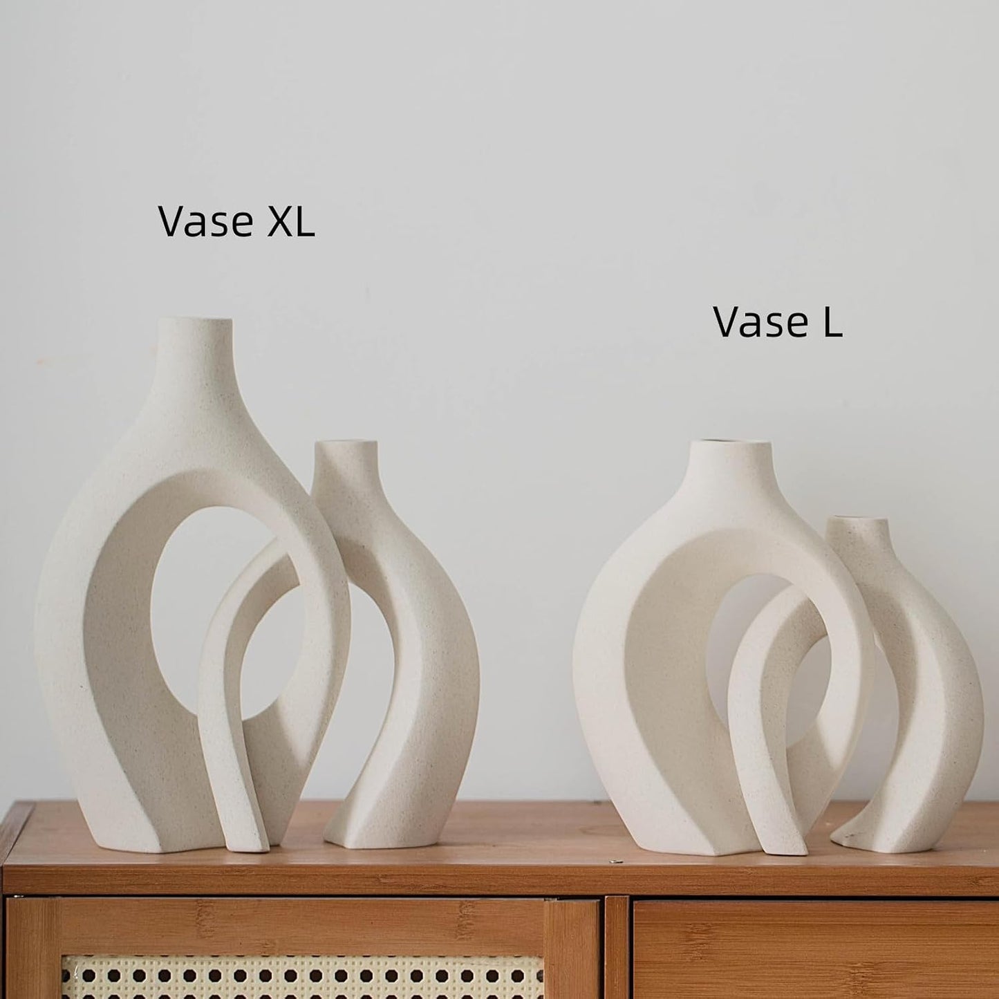 Extra Large Hollow Nordic Modern Ceramic Vases Set of 2 | Aesthetic round Donut Boho Ins Style Flower Decorative Vase for Room Home Book Shelf Table Decor (Milky White W 8" X H 11")