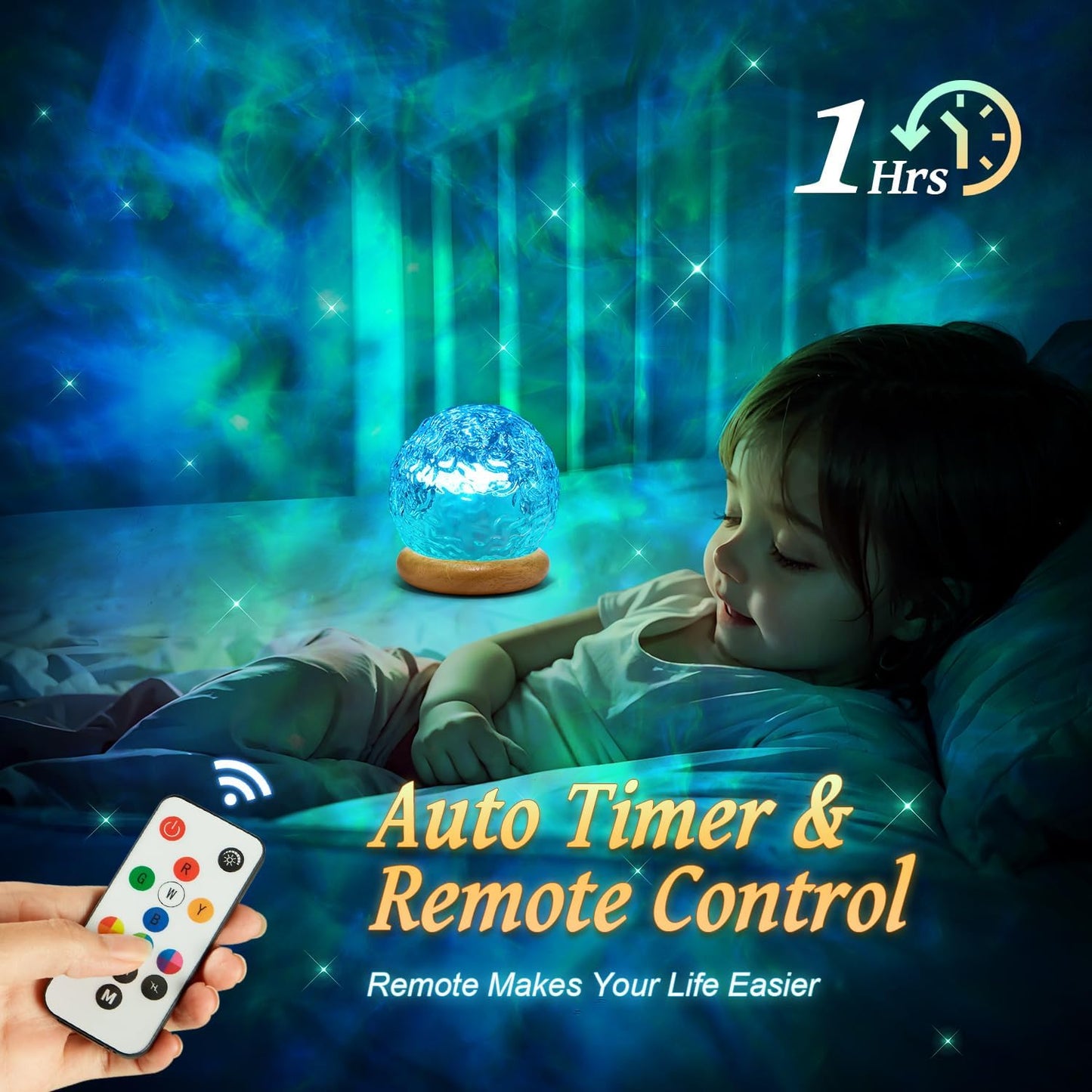 Ambient Lighting, 16 Colors Led Lights for Bedroom, Gift Ideas, Room Decor | 3-In-1 Sunset/Ocean/Northern Patterns, Remote, 6 Brightness, 1 Hr Timer, Made of Glass & Wood, for Bedroom, Bathroom, Dorm