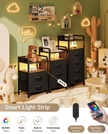 Nightstand with Rear Charging Station, LED Light, 2 Drawers, Black | Industrial Nightstand, 2 USB-A Ports & AC Outlets, Raised Back Guard, Fabric Storage Drawers, Bedside Table for Bedroom, Dorm