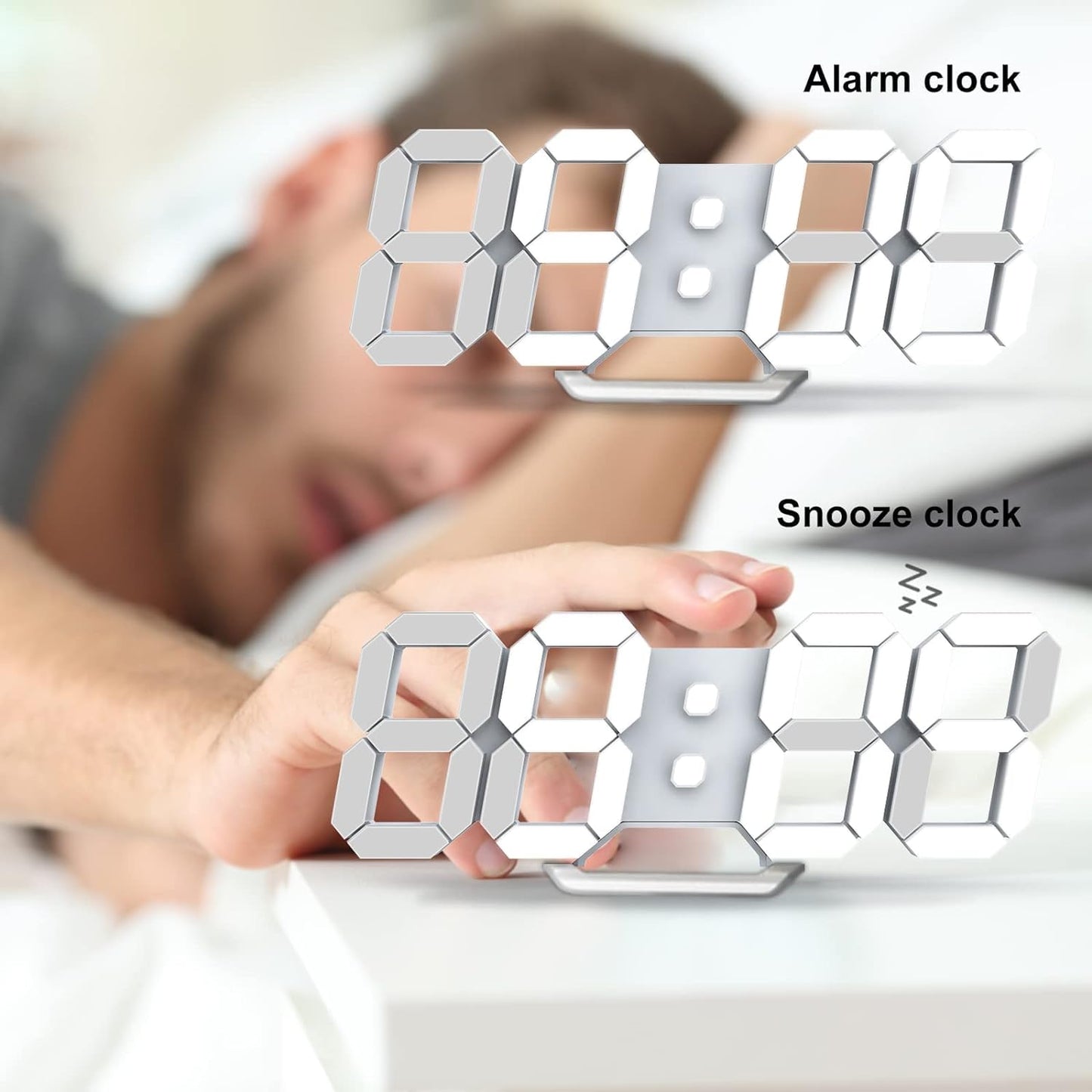 LED Clock, 3D Digital Wall & Desk Alarm Clock with Snooze, Dimmable Display, Time Memory, 12/24H Date & Temperature, Remote Control Night Light for Bedroom, Office, Kitchen, Home (White)