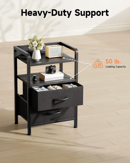 Nightstand with Rear Charging Station, LED Light, 2 Drawers, Black | Industrial Nightstand, 2 USB-A Ports & AC Outlets, Raised Back Guard, Fabric Storage Drawers, Bedside Table for Bedroom, Dorm