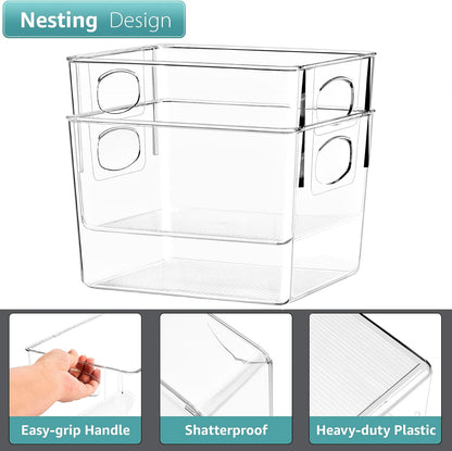 2 Pack Medium Clear Plastic Storage Bins - Kitchen Pantry Organizer