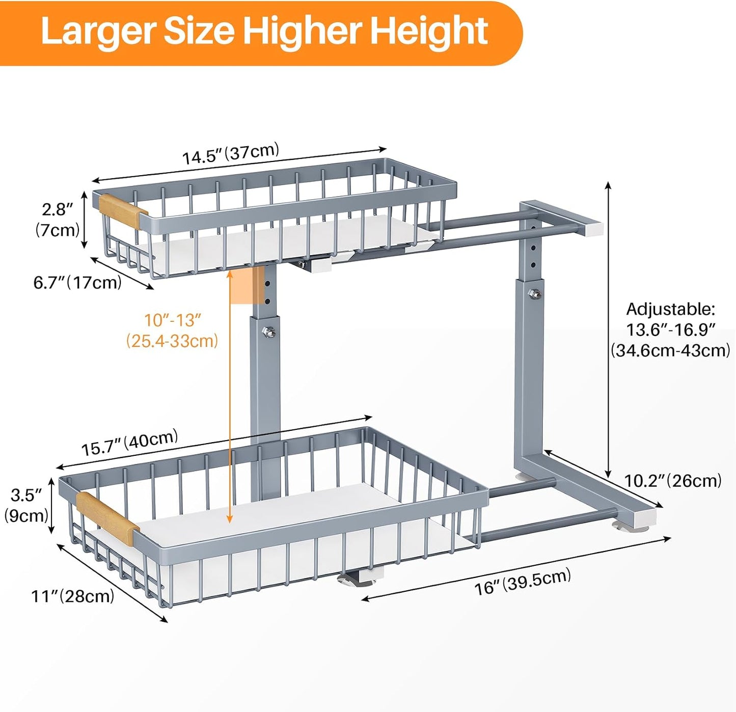 under Sink Organizer, Adjustable Height, 2 Tier Pull Out under Cabinet Organizer, Slide Out Thickened Metal under Sink Storage for Kitchen Bathroom Laundry Pantry Cabinet, Grey, Large-2-Pack