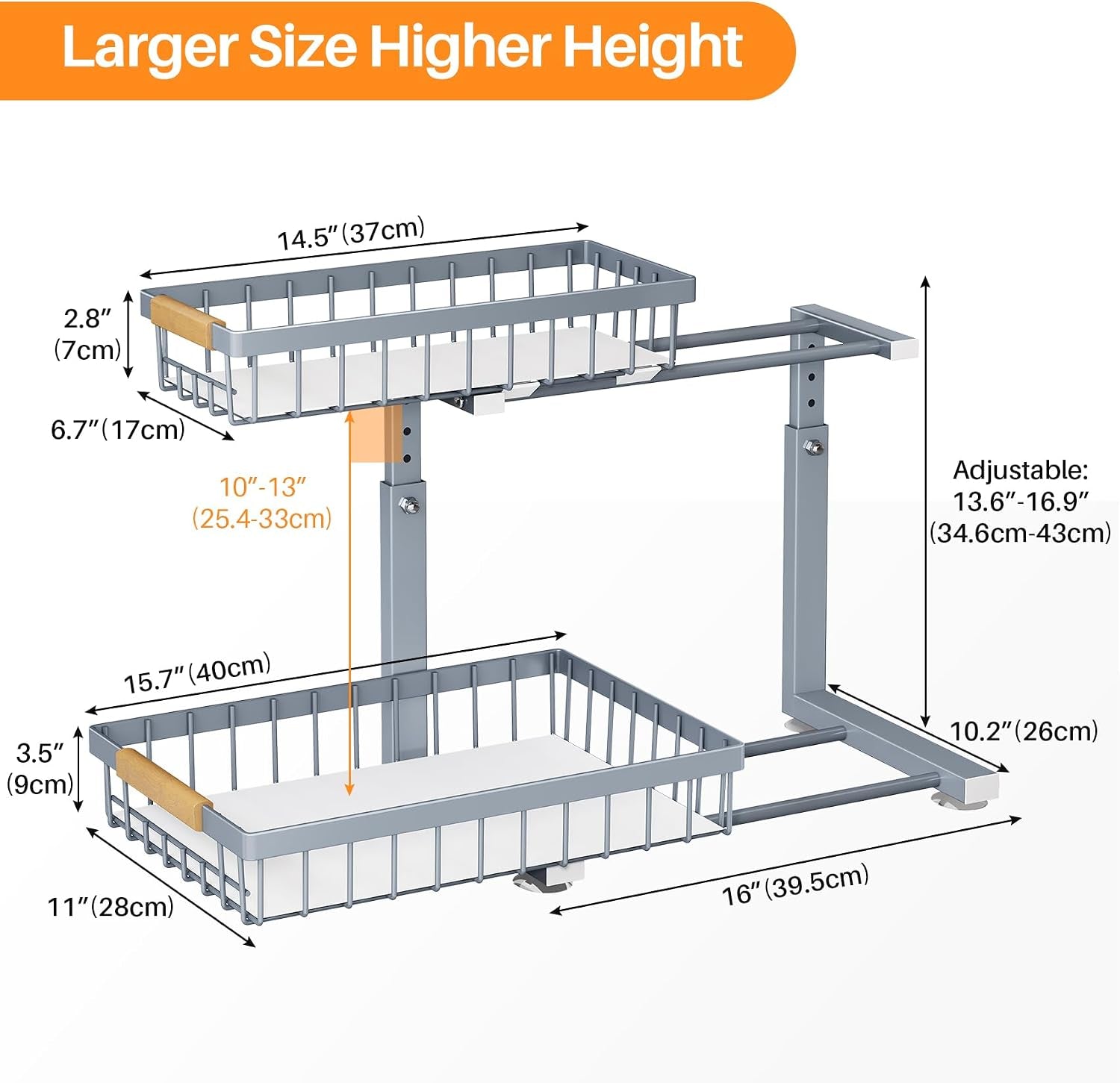 under Sink Organizer, Adjustable Height, 2 Tier Pull Out under Cabinet Organizer, Slide Out Thickened Metal under Sink Storage for Kitchen Bathroom Laundry Pantry Cabinet, Grey, Large-2-Pack