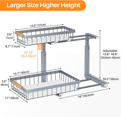 under Sink Organizer, Adjustable Height, 2 Tier Pull Out under Cabinet Organizer, Slide Out Thickened Metal under Sink Storage for Kitchen Bathroom Laundry Pantry Cabinet, Grey, Large-2-Pack