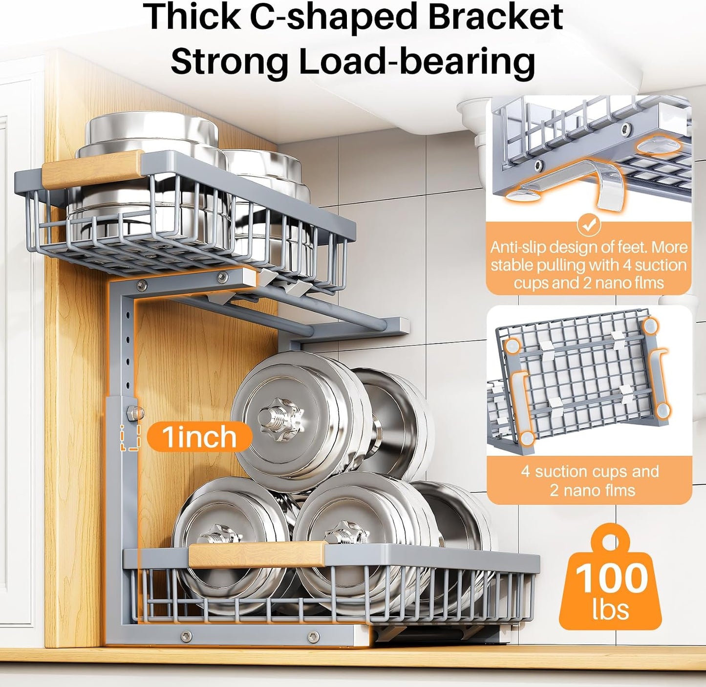 under Sink Organizer, Adjustable Height, 2 Tier Pull Out under Cabinet Organizer, Slide Out Thickened Metal under Sink Storage for Kitchen Bathroom Laundry Pantry Cabinet, Grey, Large-2-Pack