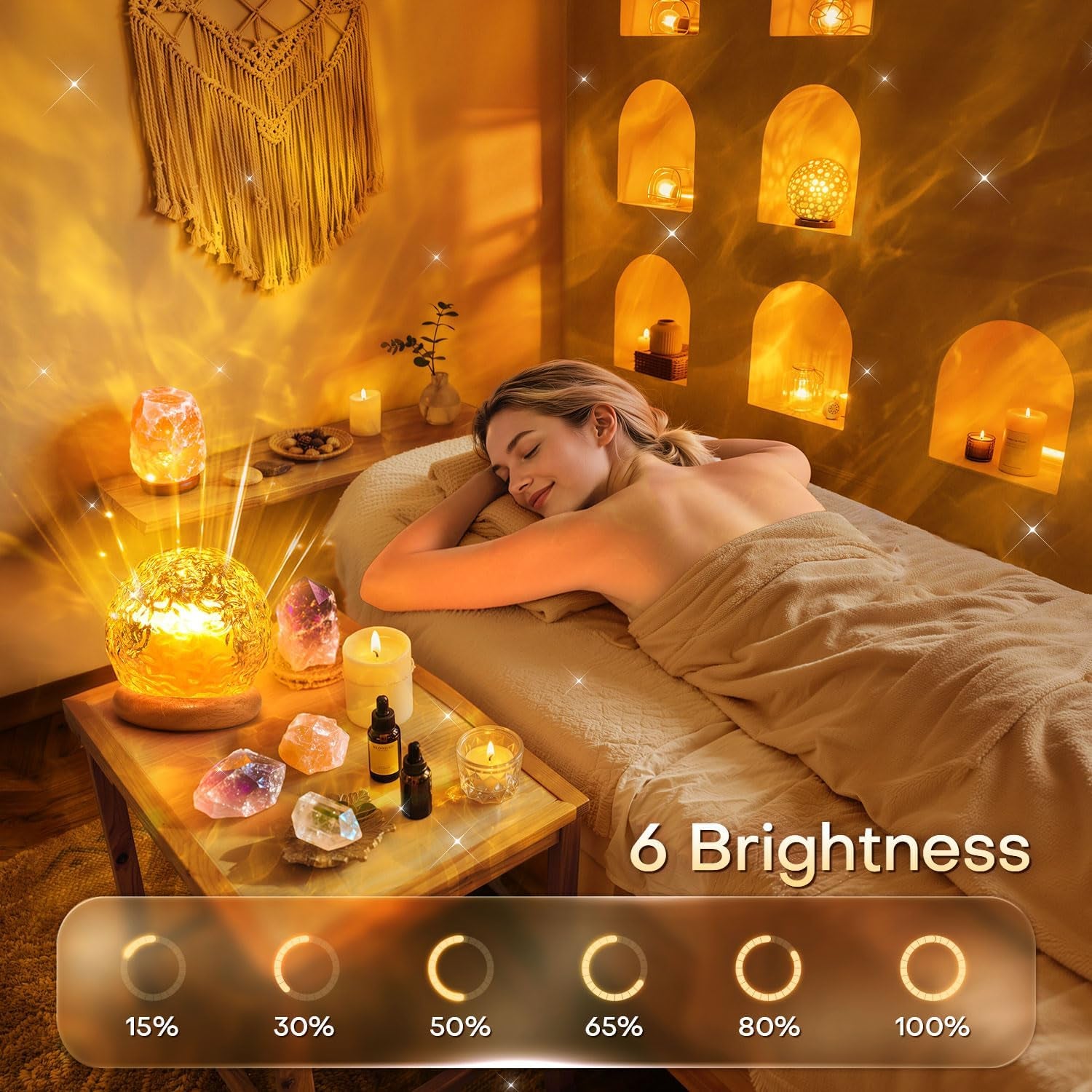 Ambient Lighting, 16 Colors Led Lights for Bedroom, Gift Ideas, Room Decor | 3-In-1 Sunset/Ocean/Northern Patterns, Remote, 6 Brightness, 1 Hr Timer, Made of Glass & Wood, for Bedroom, Bathroom, Dorm
