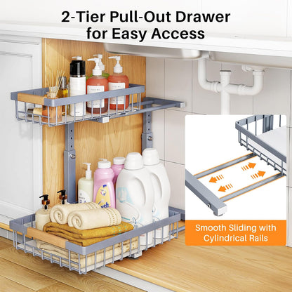 under Sink Organizer, Adjustable Height, 2 Tier Pull Out under Cabinet Organizer, Slide Out Thickened Metal under Sink Storage for Kitchen Bathroom Laundry Pantry Cabinet, Grey, Large-2-Pack