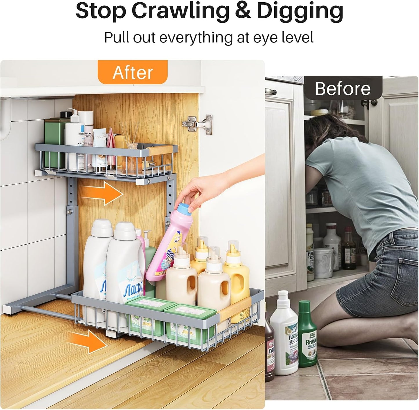 under Sink Organizer, Adjustable Height, 2 Tier Pull Out under Cabinet Organizer, Slide Out Thickened Metal under Sink Storage for Kitchen Bathroom Laundry Pantry Cabinet, Grey, Large-2-Pack