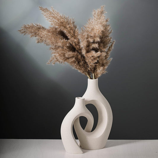 Extra Large Hollow Nordic Modern Ceramic Vases Set of 2 | Aesthetic round Donut Boho Ins Style Flower Decorative Vase for Room Home Book Shelf Table Decor (Milky White W 8" X H 11")