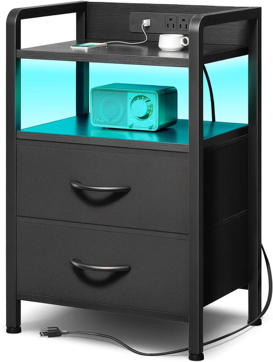 Nightstand with Rear Charging Station, LED Light, 2 Drawers, Black | Industrial Nightstand, 2 USB-A Ports & AC Outlets, Raised Back Guard, Fabric Storage Drawers, Bedside Table for Bedroom, Dorm