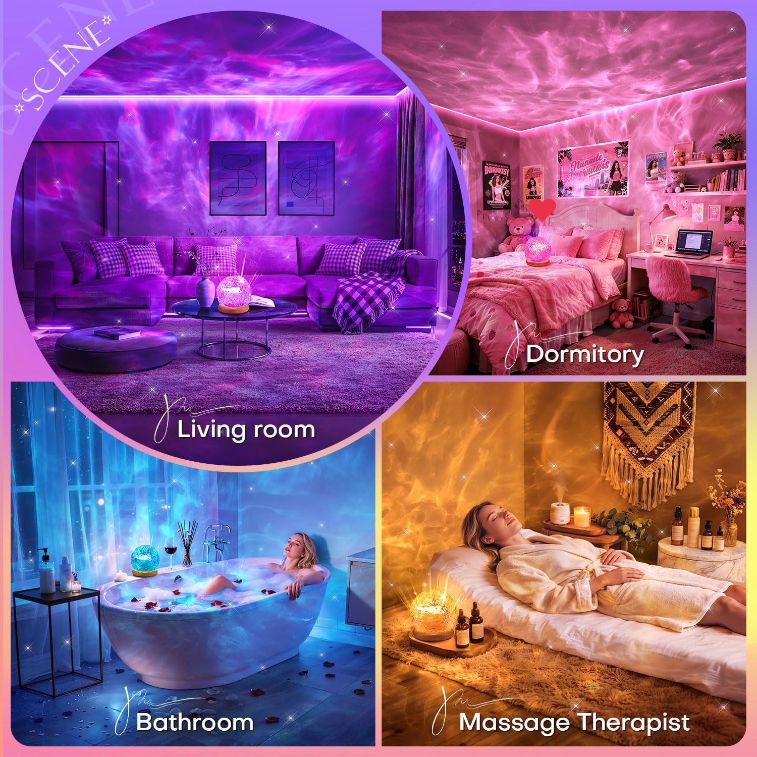 Ambient Lighting, 16 Colors Led Lights for Bedroom, Gift Ideas, Room Decor | 3-In-1 Sunset/Ocean/Northern Patterns, Remote, 6 Brightness, 1 Hr Timer, Made of Glass & Wood, for Bedroom, Bathroom, Dorm
